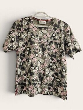 Rare Thom Browne Grey Tee with Pink & Black Butterfly Print